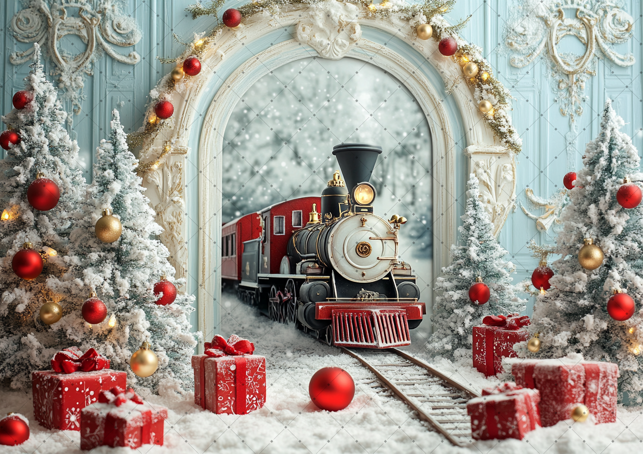 Vintage Train Christmas Backdr - Vintage Photography Lighting 评论和价格